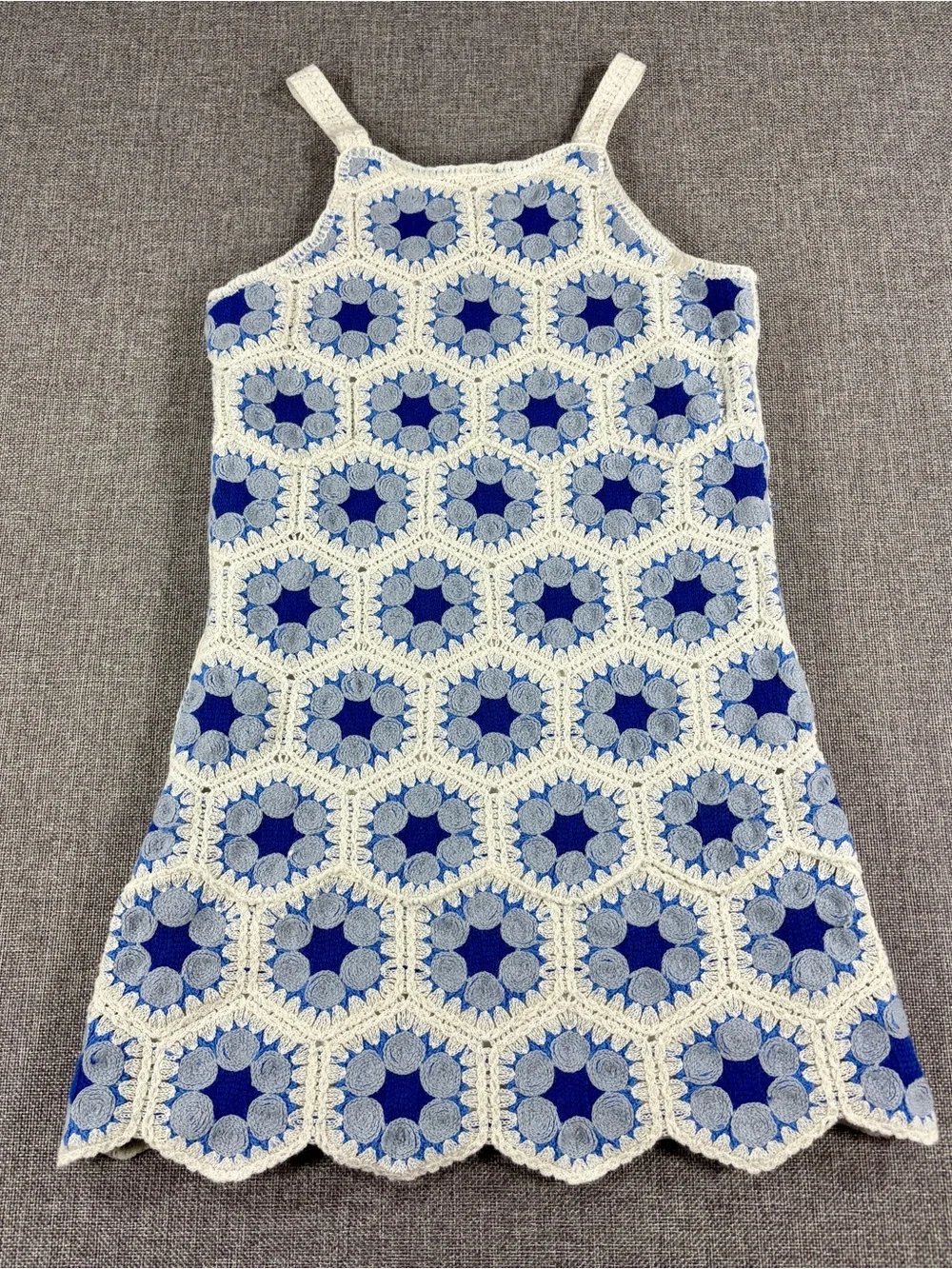 Rare Editions Girls Size 8 Blue White Crochet Granny Square Dress Cottagecore